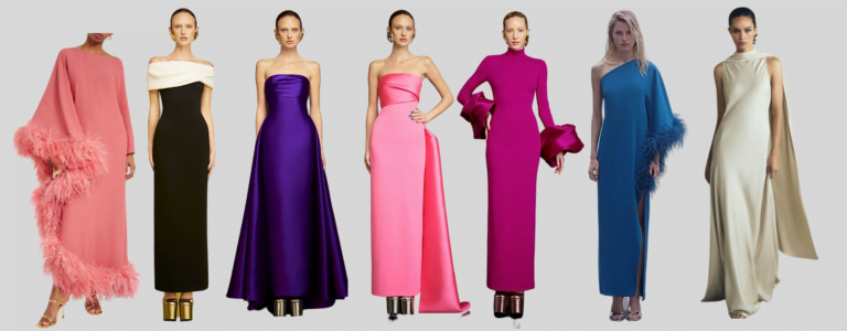 five women models in gowns fit for a wedding guest